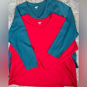 Lands’ End Lot Of 2 Long Sleeve Tees 3X V Neck 100% Cotton Red Teal Green Soft